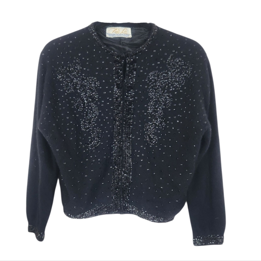 50s/60s Vintage Hand Beaded Lambswool Angora Blend Black Cardigan Med Whimsygoth